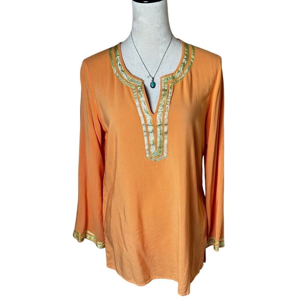 Twiggy London Orange Bermuda Tunic Top M | Boho Metallic Trim‎ Resort Y2K Rayon